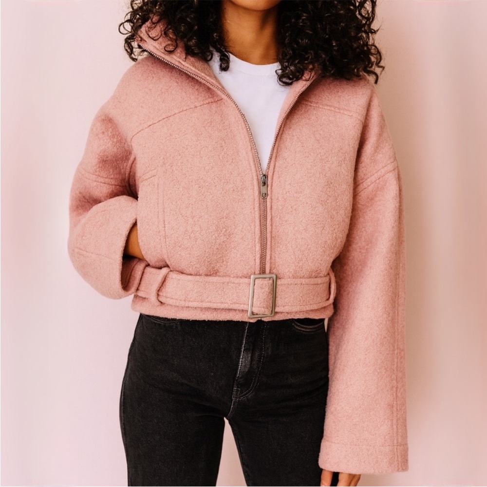NWOT Topshop Dusty Pink Wool Blend Hooded Moto Teddy Crop Oversized Coat